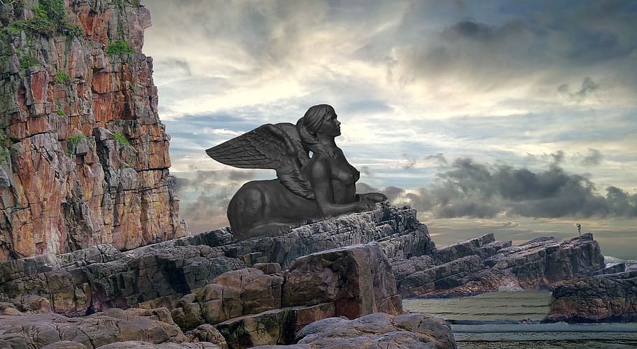 woman with wings statue, sphinx, stone, travel, nature, sky, stone figure