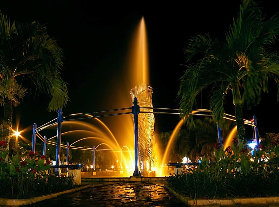 water fountain with lights at nighttime, balikpapan, indonesia, HD wallpaper