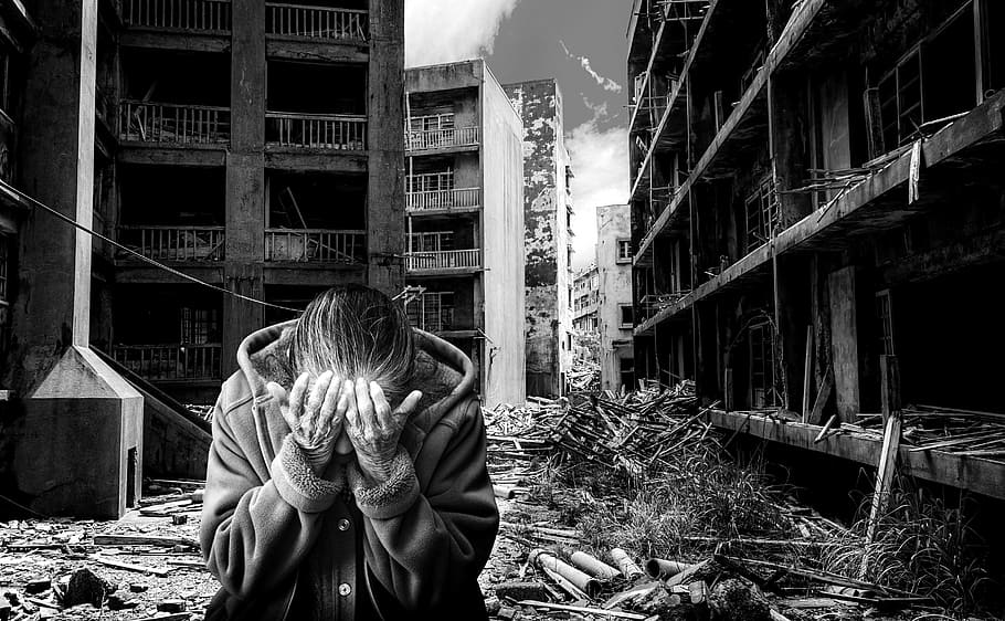 adult, ruins, woman, character, city, destroyed, real people, HD wallpaper