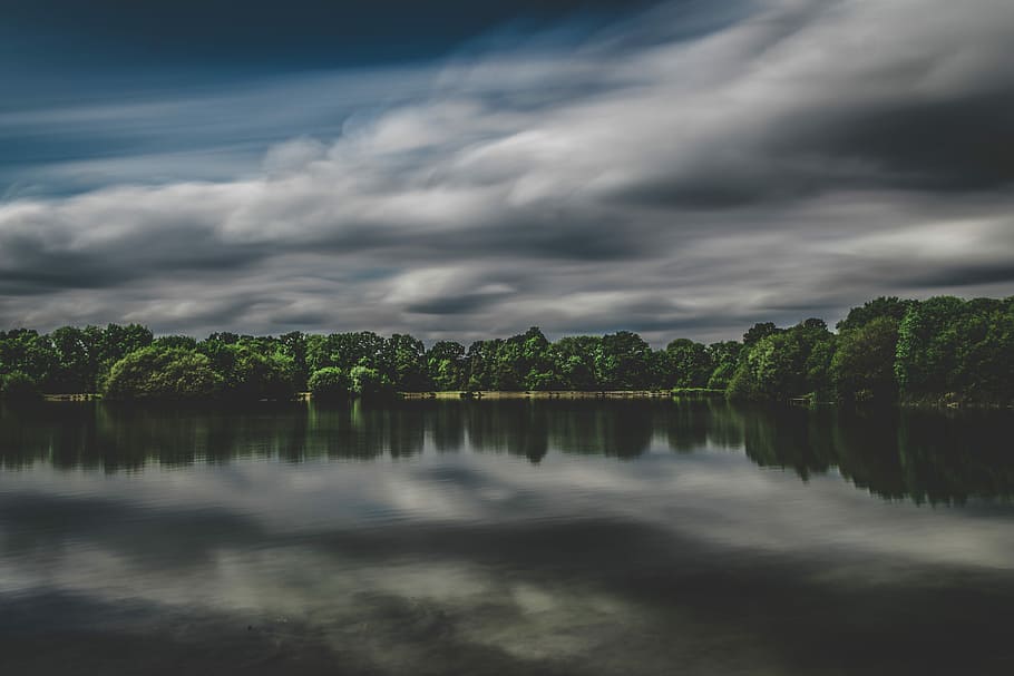 landscape photography of lake under nimbus clouds, stormy, cloudy HD wallpaper