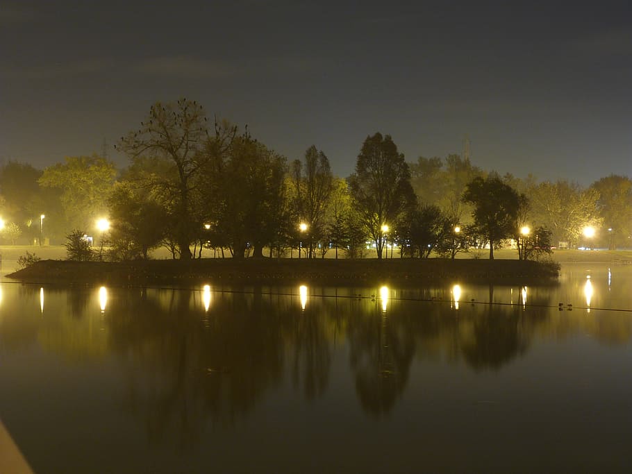 island, trees, reflection, evening, foggy, lake, water, scenic HD wallpaper