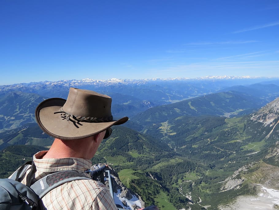 dachstein, austria, mountains, view, people, hat, blue sky HD wallpaper