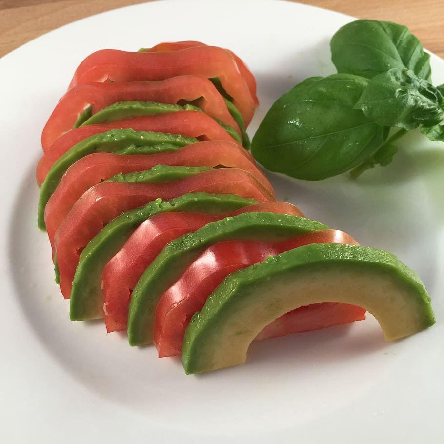 avocado, tomato, basil, food, vegetable, freshness, red, gourmet HD wallpaper