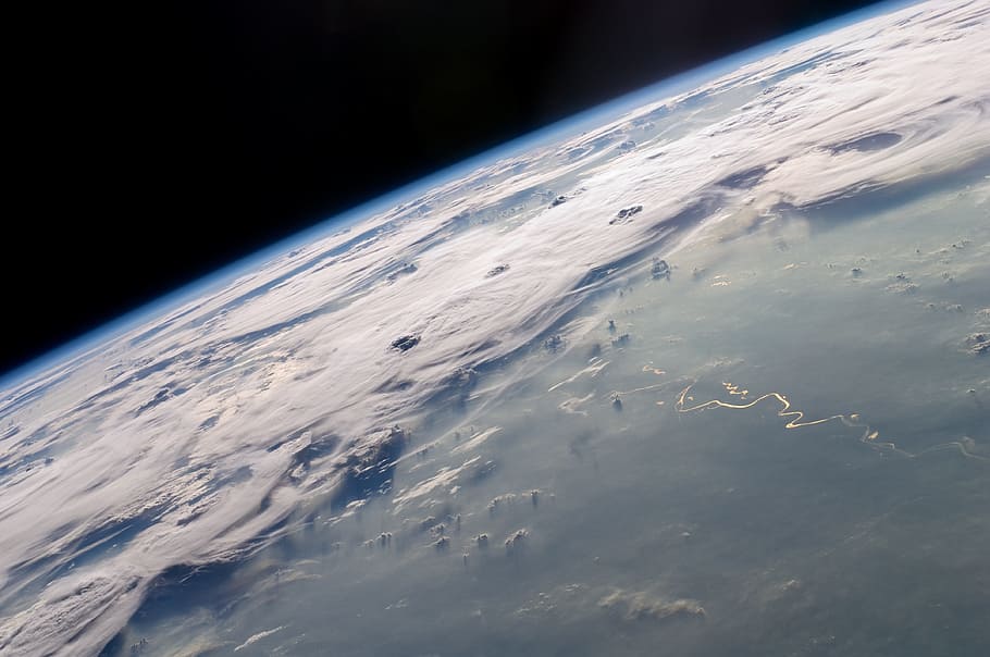 satellite photography of planet, thunderstorms, clouds, horizon HD wallpaper