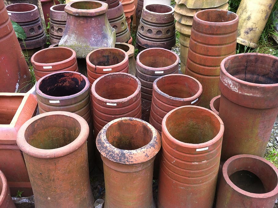 junk, chimney, pots, ceramic, old, large group of objects, pottery HD wallpaper