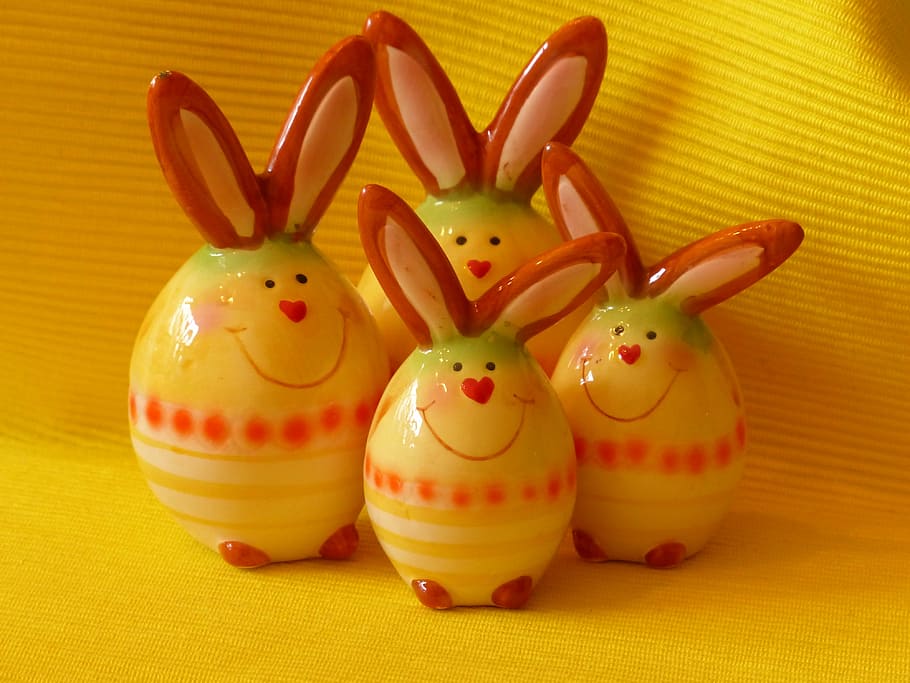 four rabbit-themed ceramic decors, hare, easter bunny, figure HD wallpaper