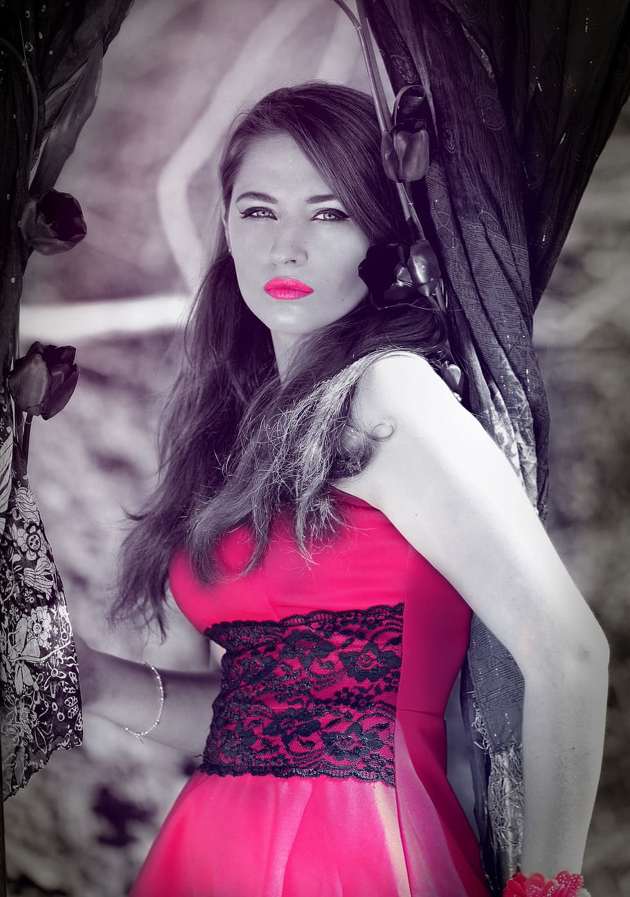 selective color photography of woman wearing red top, girl, photo manipulation, HD wallpaper