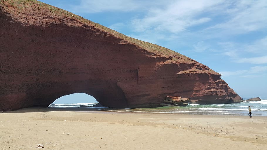 Beach, Morocco, Cliffs, legzihra, sidiifini, sea, sand, nature HD wallpaper
