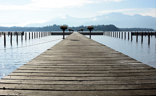 brown wooden dock bridge, web, boardwalk, overview, horizon HD wallpaper