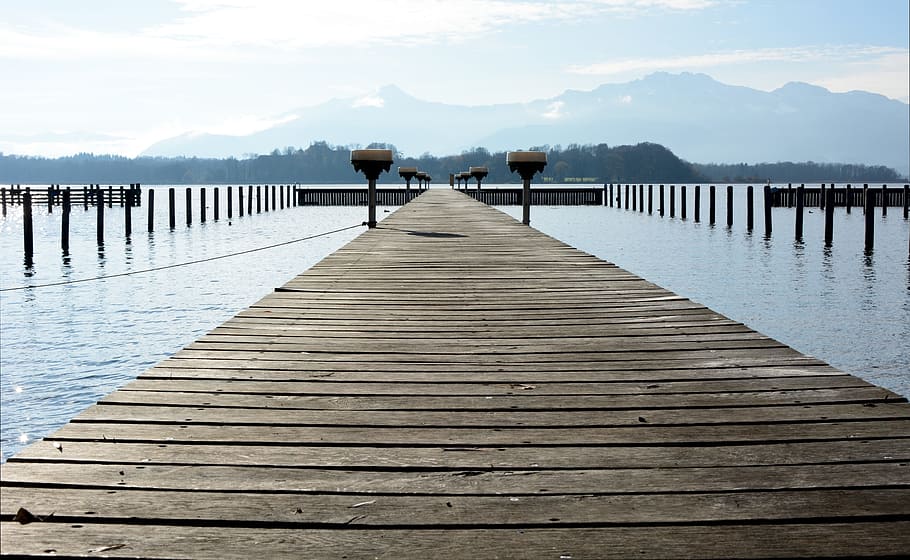 brown wooden dock bridge, web, boardwalk, overview, horizon HD wallpaper