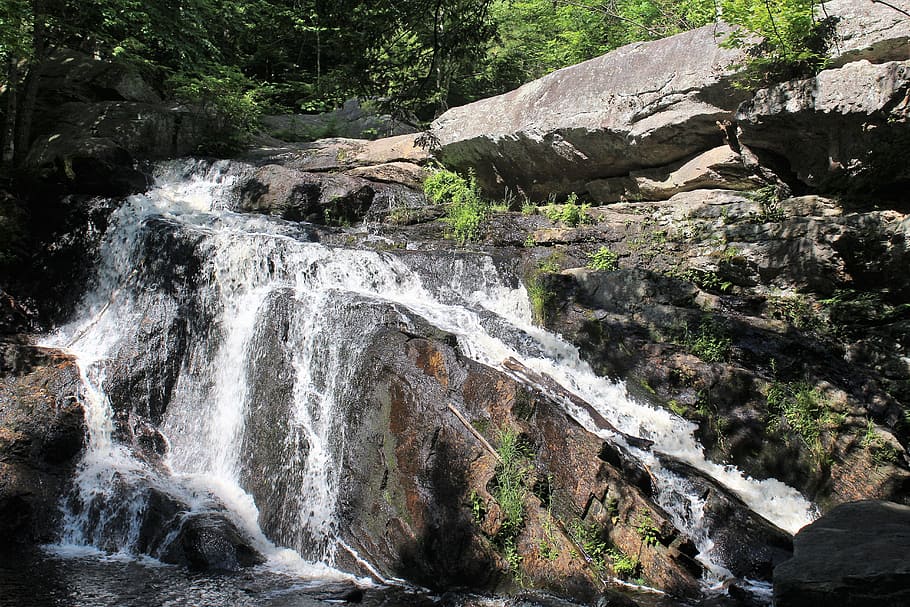 cascading water falls, milford nh, rocks, beauty in nature, waterfall, HD wallpaper