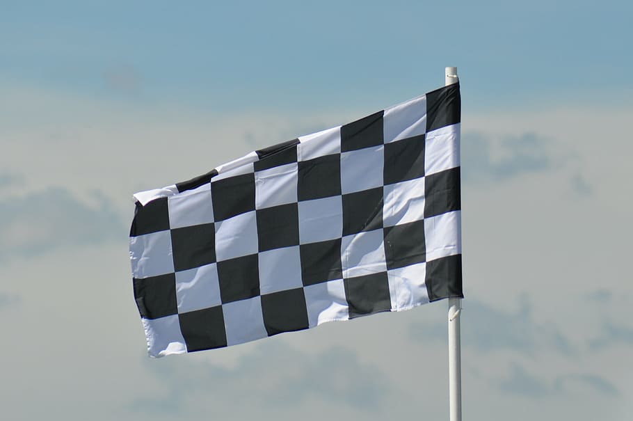 white and black checked flag, racing, grand prix, car, racing flag, HD wallpaper