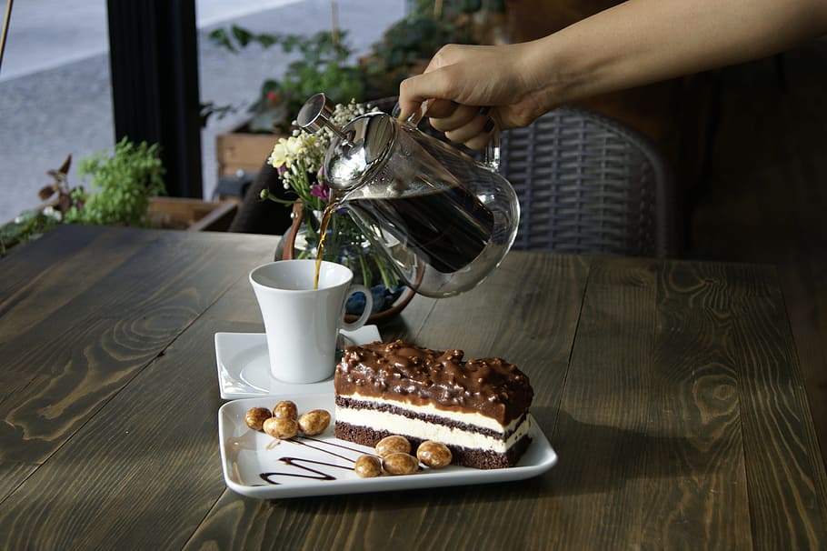 person pouring coffee on white mug, cake, filter, chocolate HD wallpaper