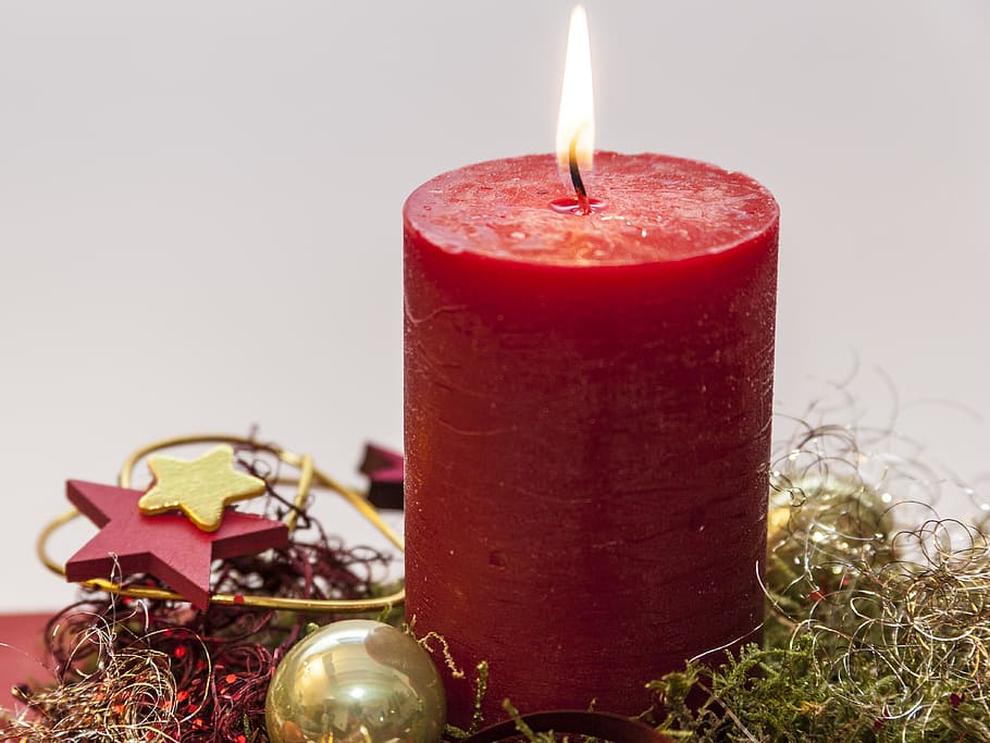 lit-up red pillar candle, advent, first candle, light, burning HD wallpaper
