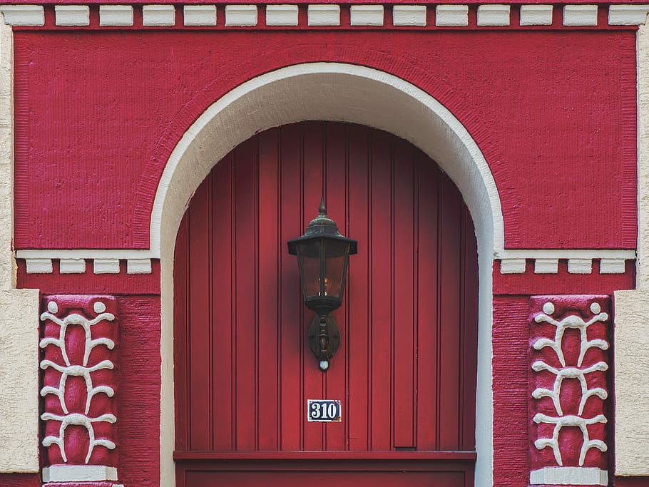 black wall sconce hanging on red wall, black wall-sconce light on gate HD wallpaper