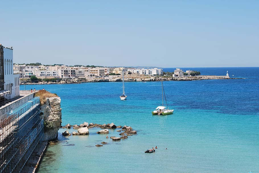 view of two white boats near city buildings, Salento, Puglia, HD wallpaper