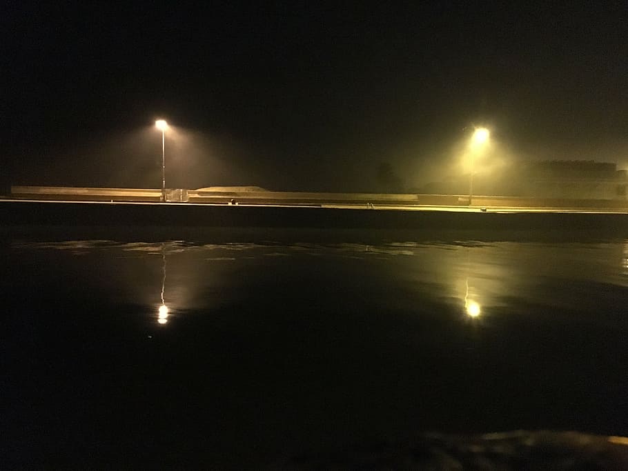 turn on two street lights, reflective, photography, lightposts HD wallpaper