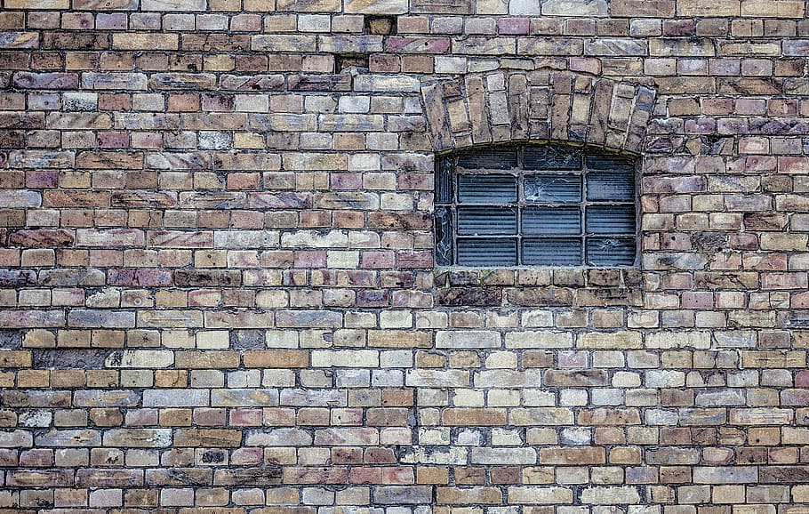 black 16-pane window with concrete frame photo, bricks, brown, HD wallpaper