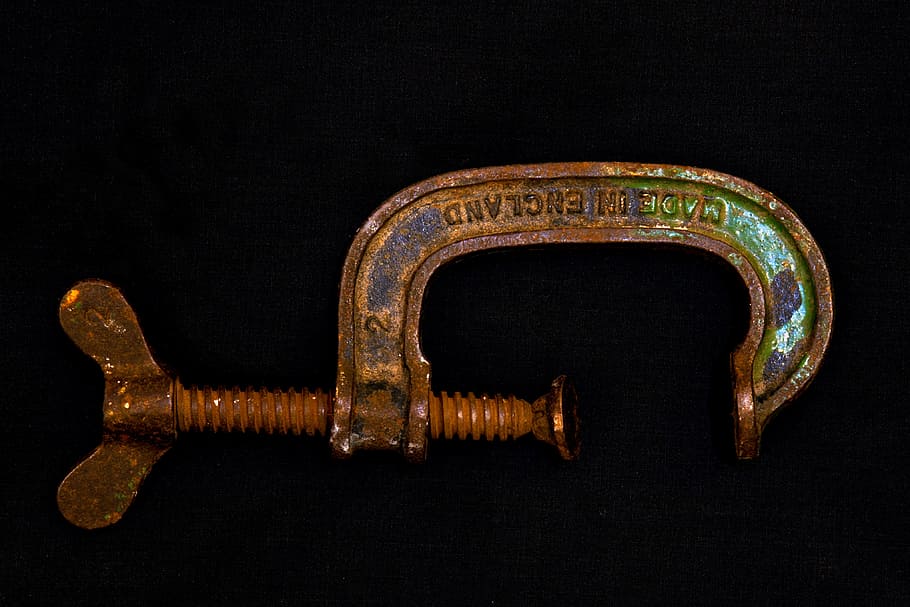 g-clamp, woodworking, tool, rusty, old, steel, black background HD wallpaper