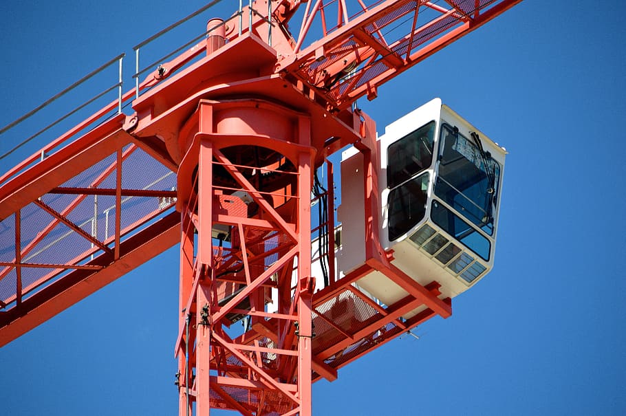 low angle photo of orange and white tower crane, site, building construction HD wallpaper