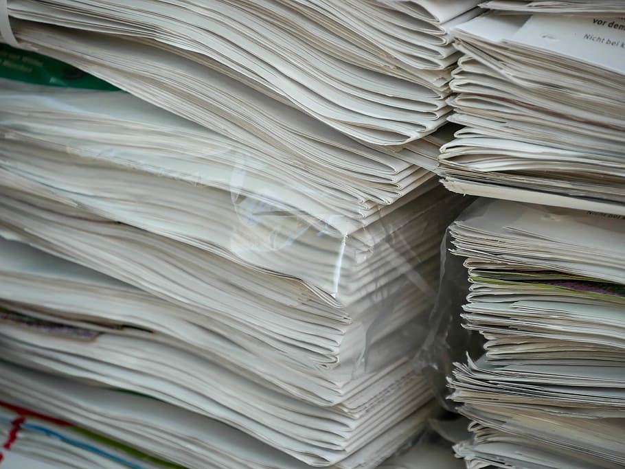 close-up photo of white printer paper lot, Newspaper, Pile, Stack