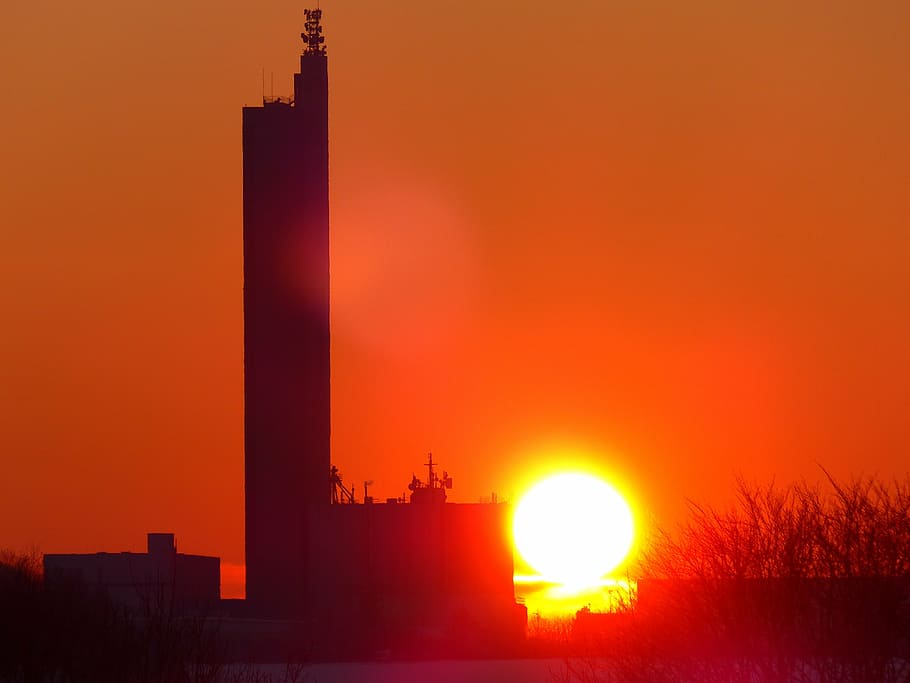 silhouette of building, sun, fireball, sunset, afterglow, abendstimmung HD wallpaper