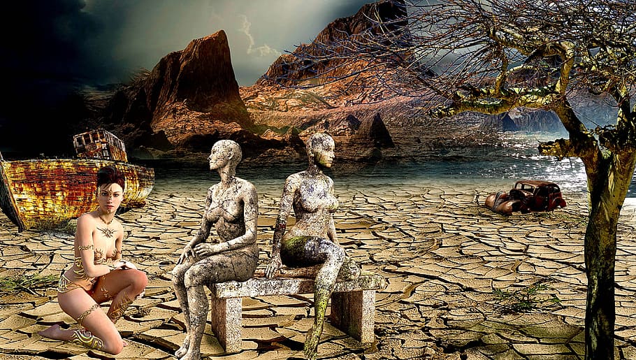 statue, boat, flood, nature, water, solid, men, day, people HD wallpaper