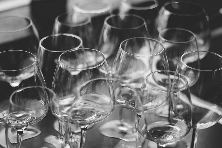 HD wallpaper: grayscale photo of clear wine glasses, black and white