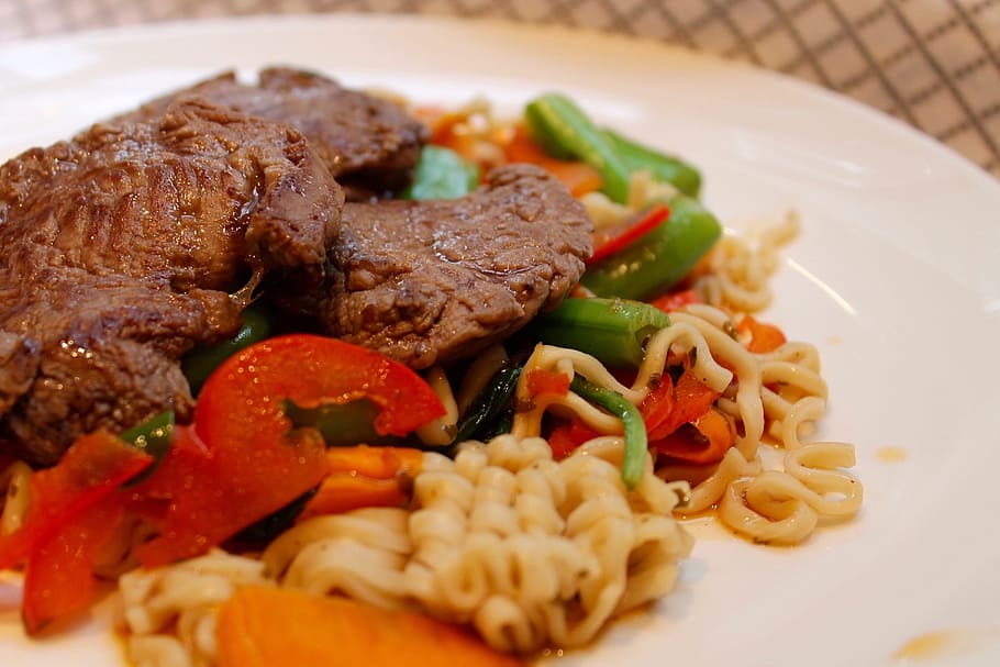 noodle, steak, vegetables, food and drink, meat, healthy eating HD wallpaper