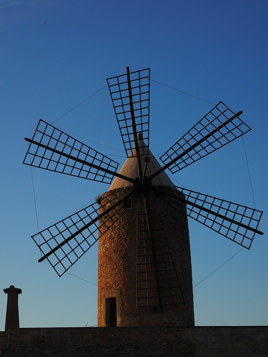 windmill, mallorca, wind energy, wing, wind power, tower, roof HD wallpaper