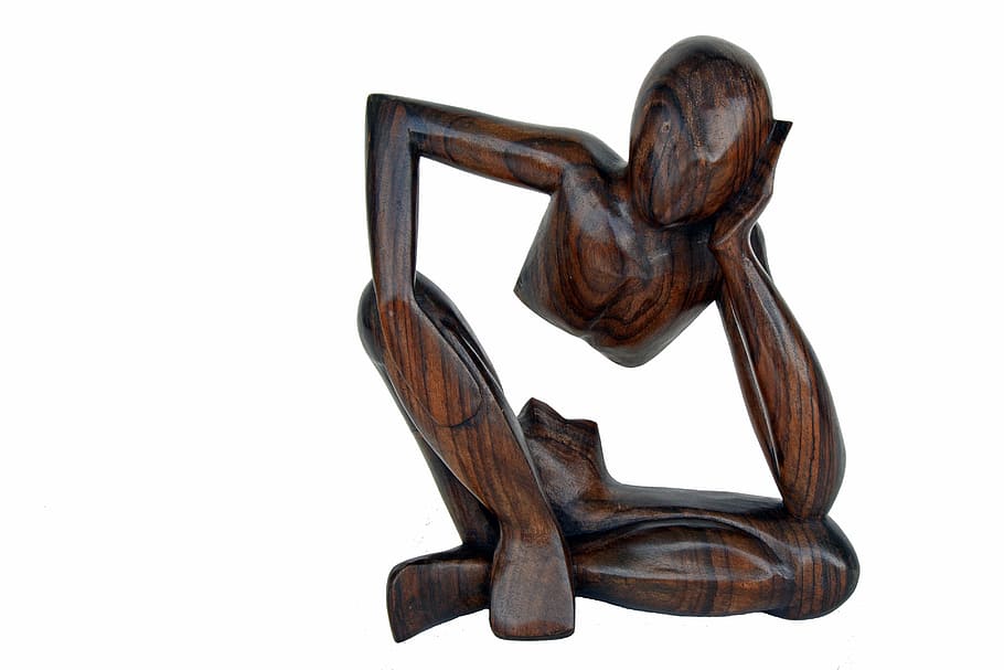 brown wooden human figure sculpture, thinker, at a loss, consider HD wallpaper