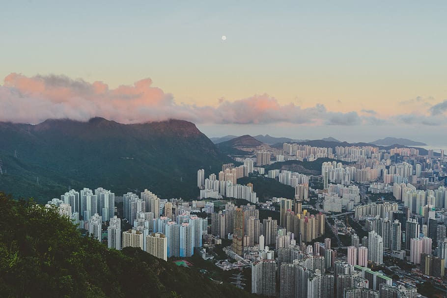 buildings, city, cityscape, mountain range, sky, skyline, urban HD wallpaper