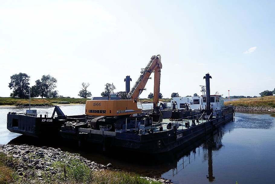 excavators, barges, river, dredge the riverbed, industry, water HD wallpaper