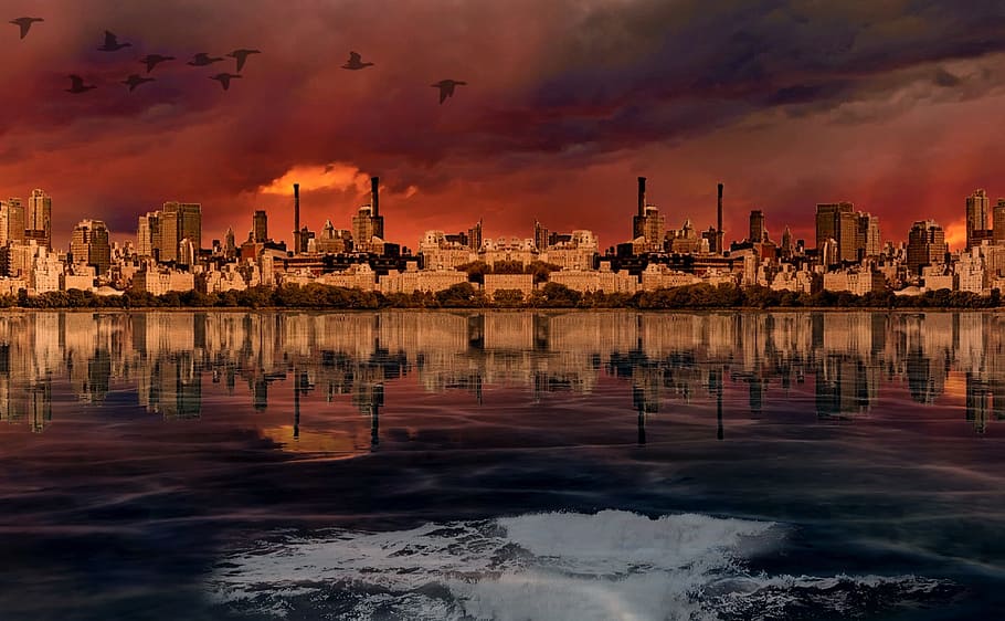 skyline, water, clouds, building, city, skyscraper, architecture HD wallpaper