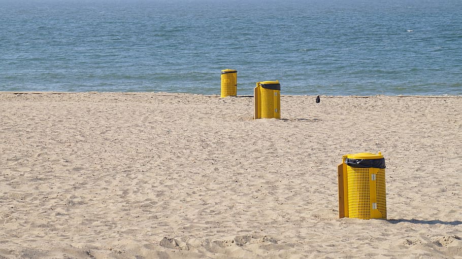 beach, cleanliness, mülltonnen, sea, water, land, sand, yellow HD wallpaper