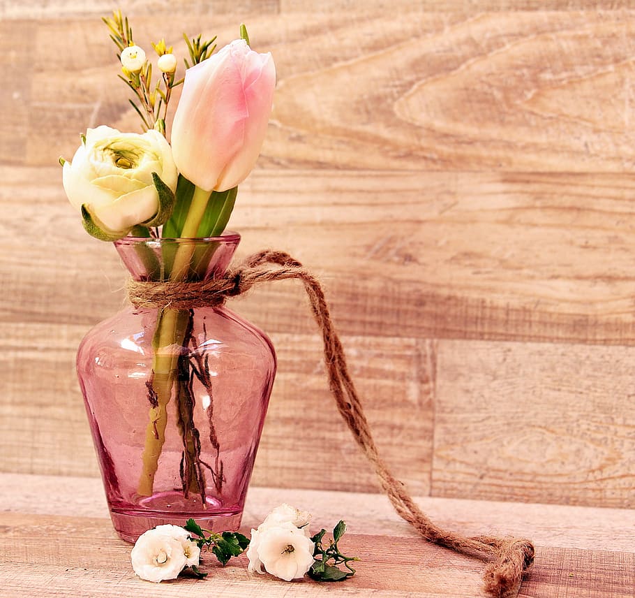 pink glass vase with pink tulips and white rose, ranunculus, flowers, HD wallpaper