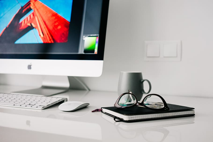 eyeglasses with black frames on top of black book, office, home HD wallpaper