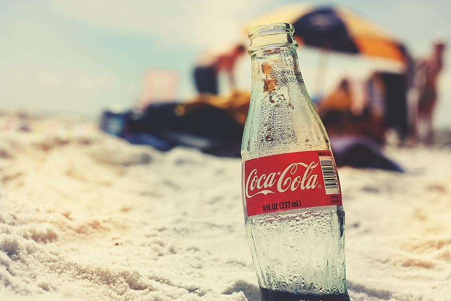 Coca-Cola glass bottle on seashore, coca cola, beach, retro, vintage