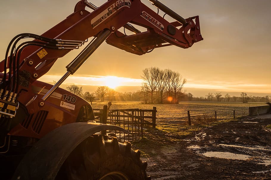 red heavy equipment, Tractor, Sun, Light, Mood, Golden, sky HD wallpaper