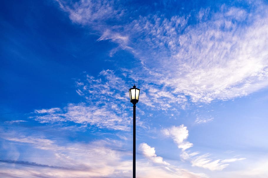 light, sky, clouds, blue, centered, lamp, lamppost, lantern, lighting equipment HD wallpaper