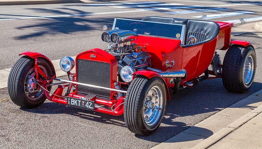 classic red Hot Rod on road, car, custom car, transportation system