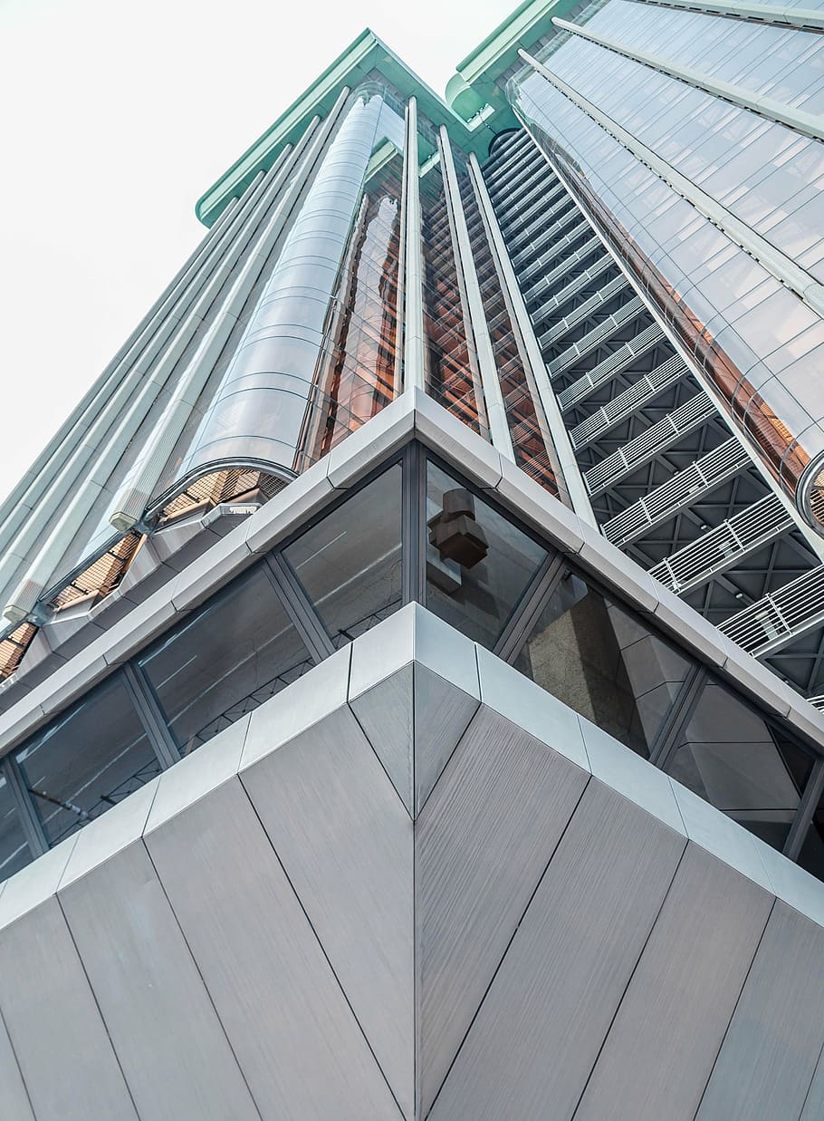 worm's-eye-view photo of gray and clear glass building, architecture HD wallpaper