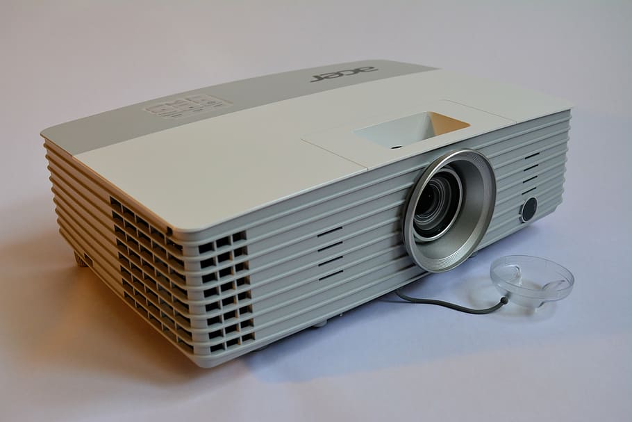 white and gray LED projector on table, presentation, multimedia HD wallpaper