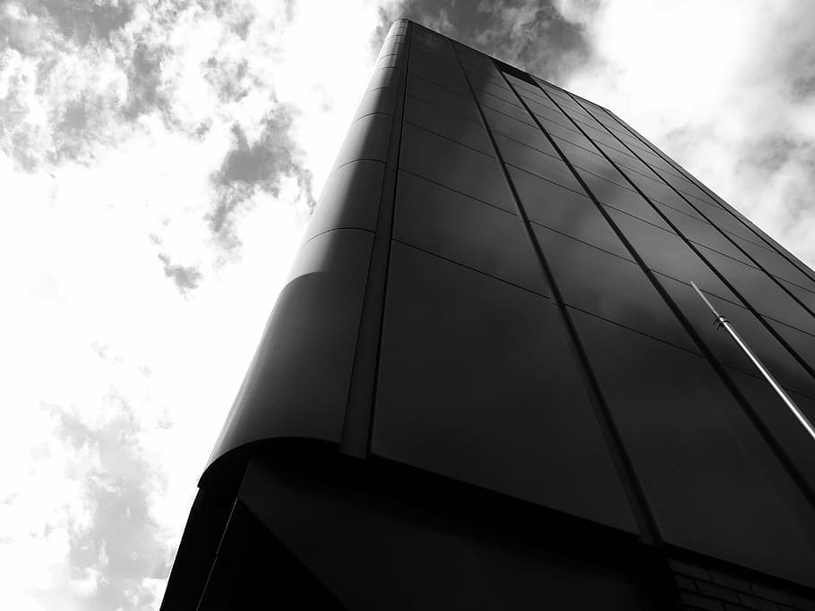 architecture, black and white, building, clouds, construction HD wallpaper