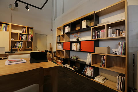 brown wooden bookshelves, office, shelf, desk, interior design HD wallpaper