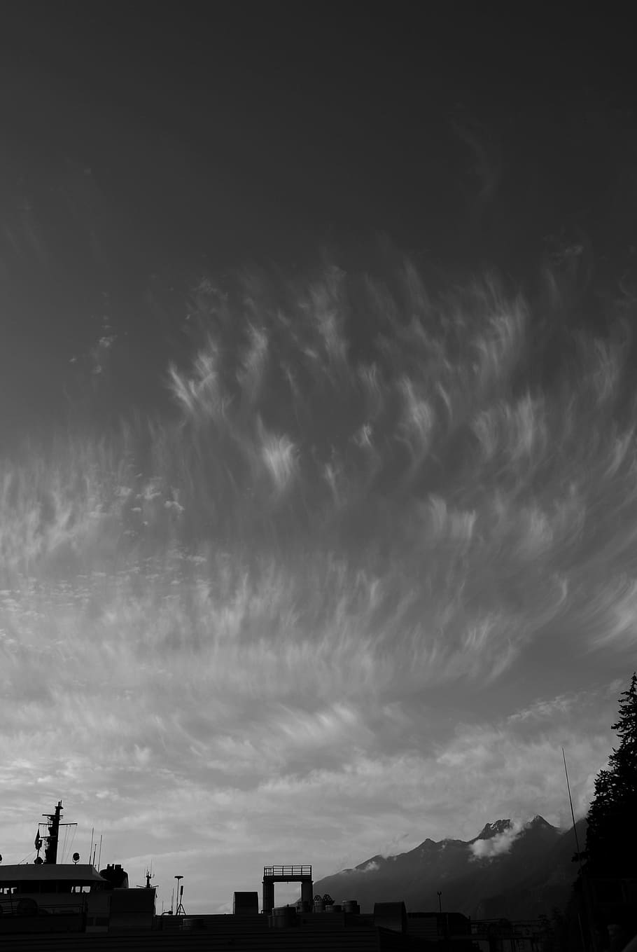 ferry, mountain, sky, cloud, black and white, scenic, view HD wallpaper