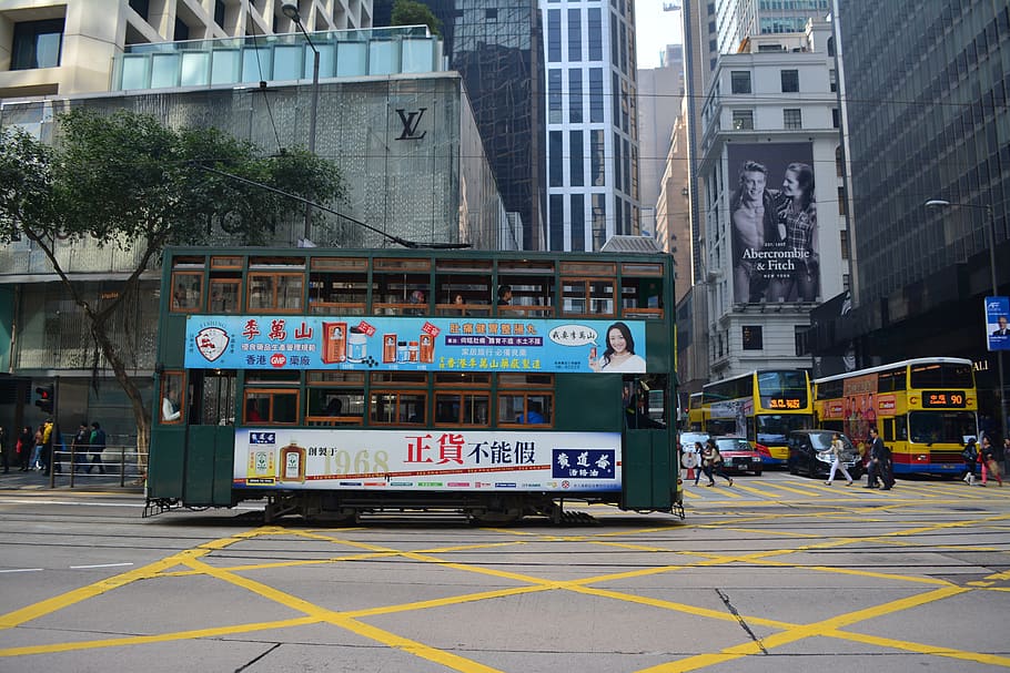 hongkong, tram, asia, tourism, tourist, modern, hk, road, city, HD wallpaper