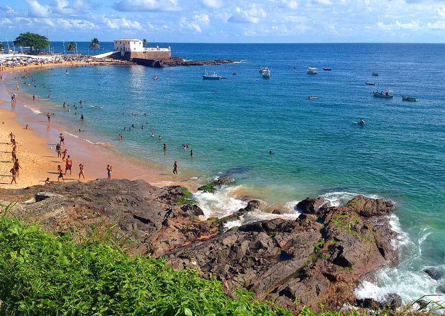 porto beach, sea, blue sky, salvador, bahia, brazil, water, HD wallpaper