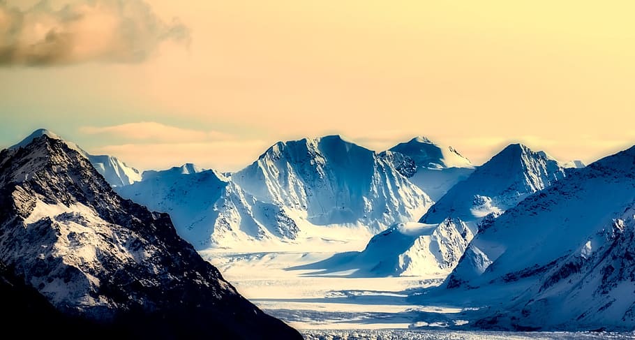 mountains, winter, snow, panorama, glacier, sky, clouds, sunrise HD wallpaper