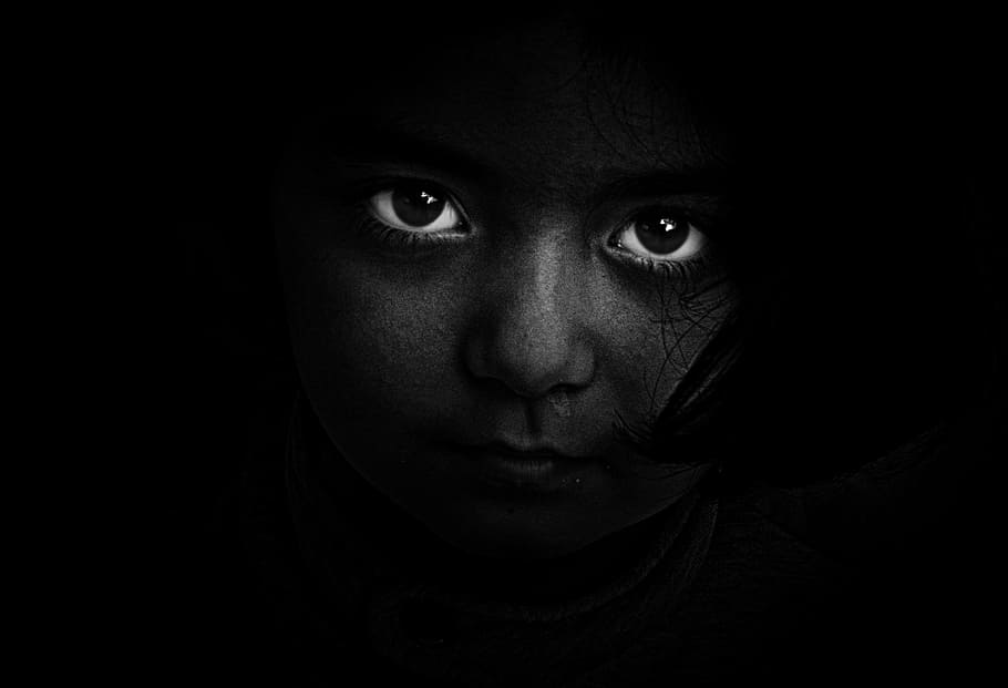 girl's face, black and white, person, dark, eyes, hidden, portrait